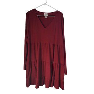 KNOX ROSE Women's XXL Baby Doll Long Sleeve Dress V Neck Boho Red